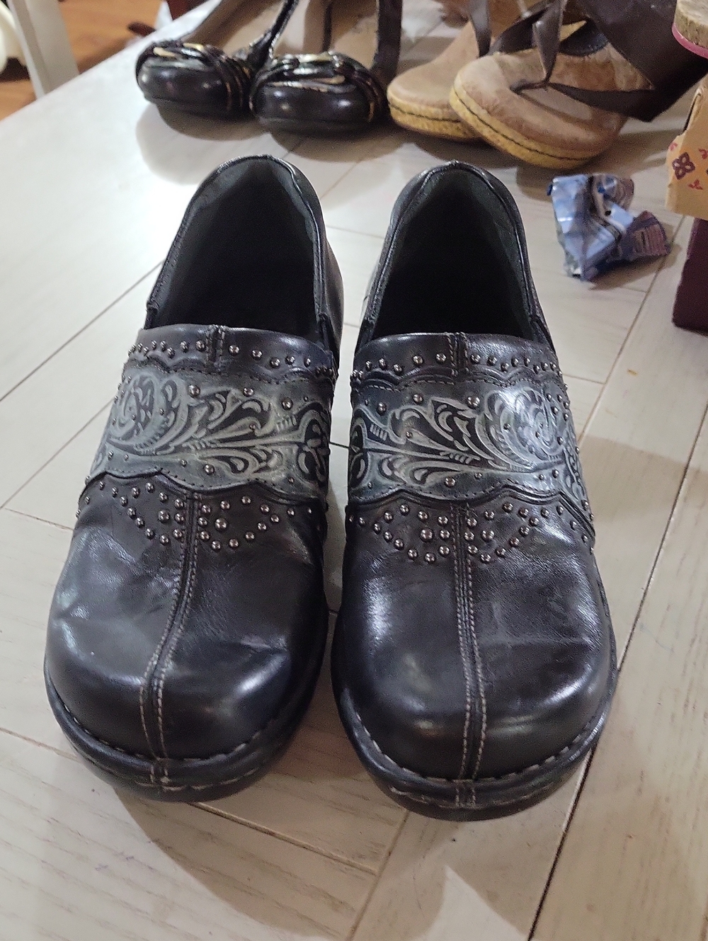 Ariat Black Leather Slip-On Mules with Embossed Scroll and Studs